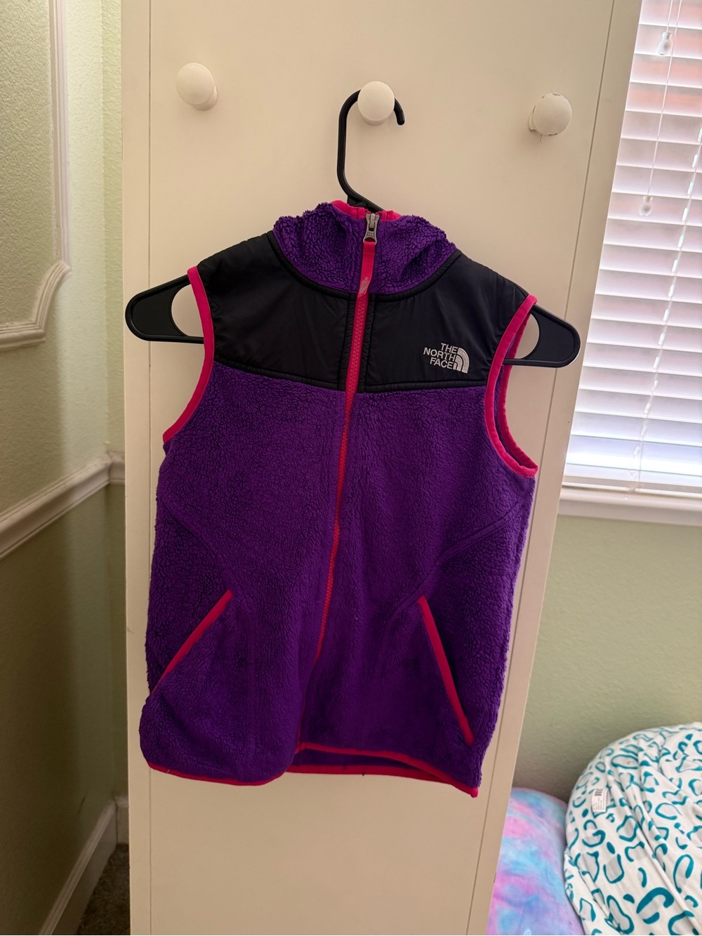 The North Face Purple Sherpa Hooded Vest with Pink Trim
